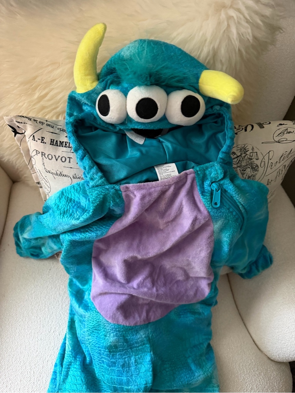 Kids Monster Costume Hoodie with Three Eyes - Teal & Purple